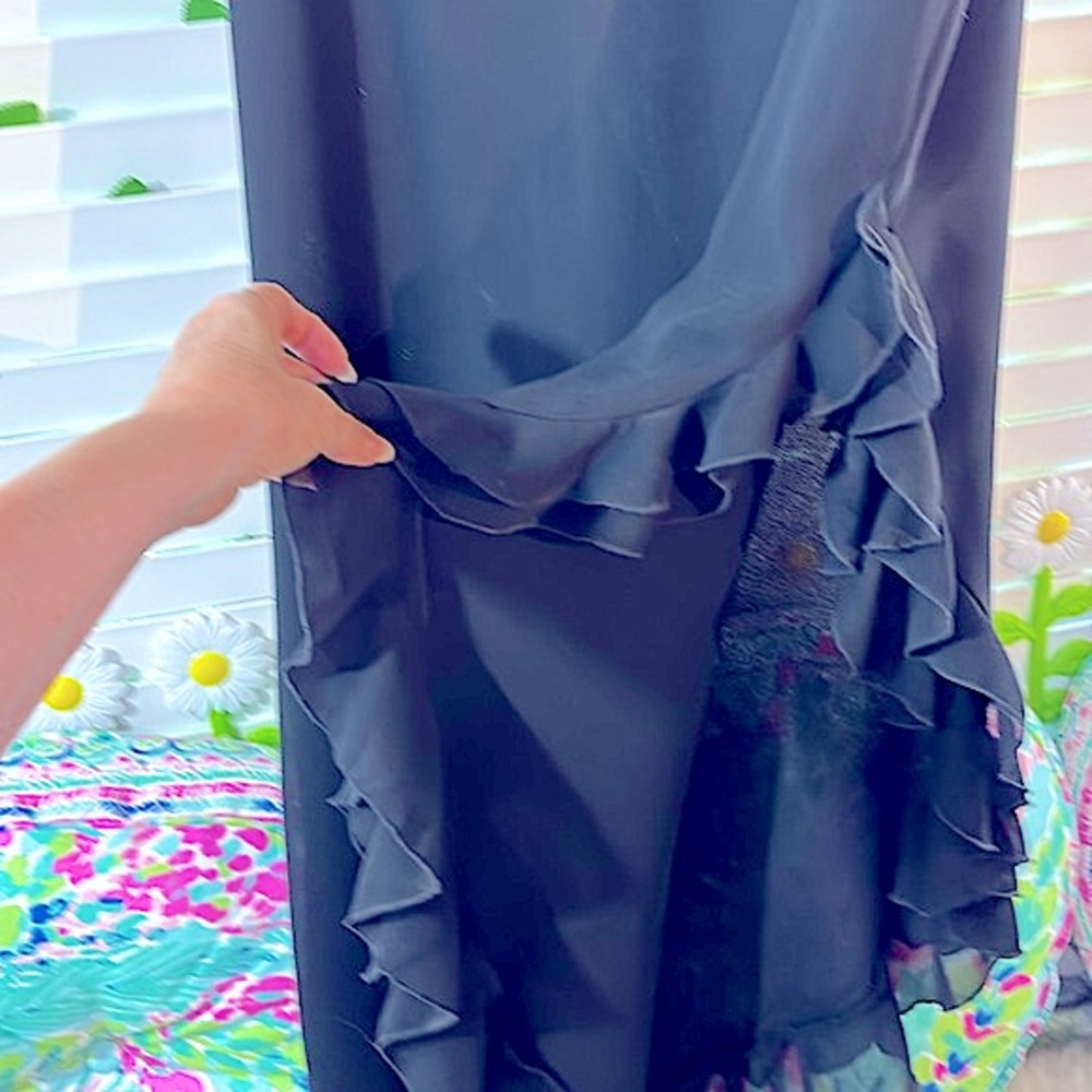 JS Collections long black chiffon skirt with flirty ruffle side slit